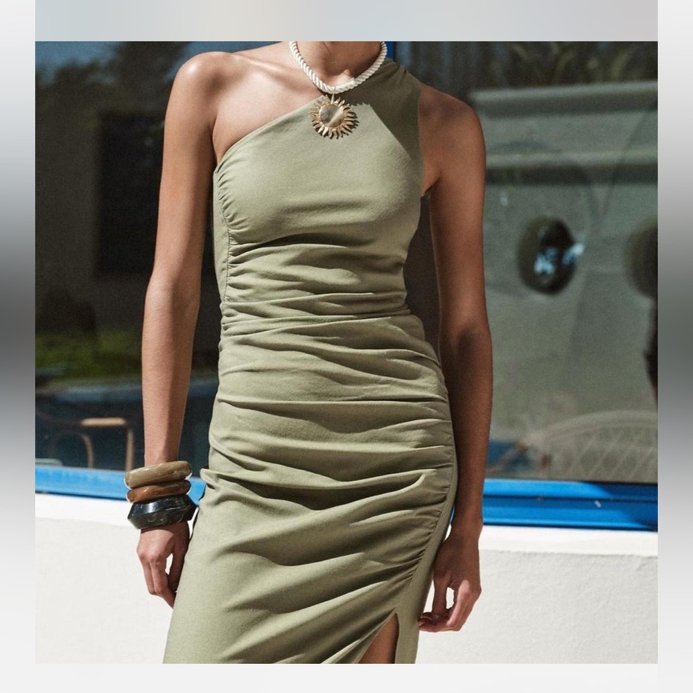 Zara Elegant Olive Green One-Shoulder Dress
